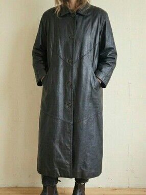 Vintage Long Leather Black Trench Coat Duster Pelle New York-Milano L STUNNING